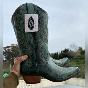 NWT Sterling River Boots Emerald Green Leather Embroidered Western Boots W11